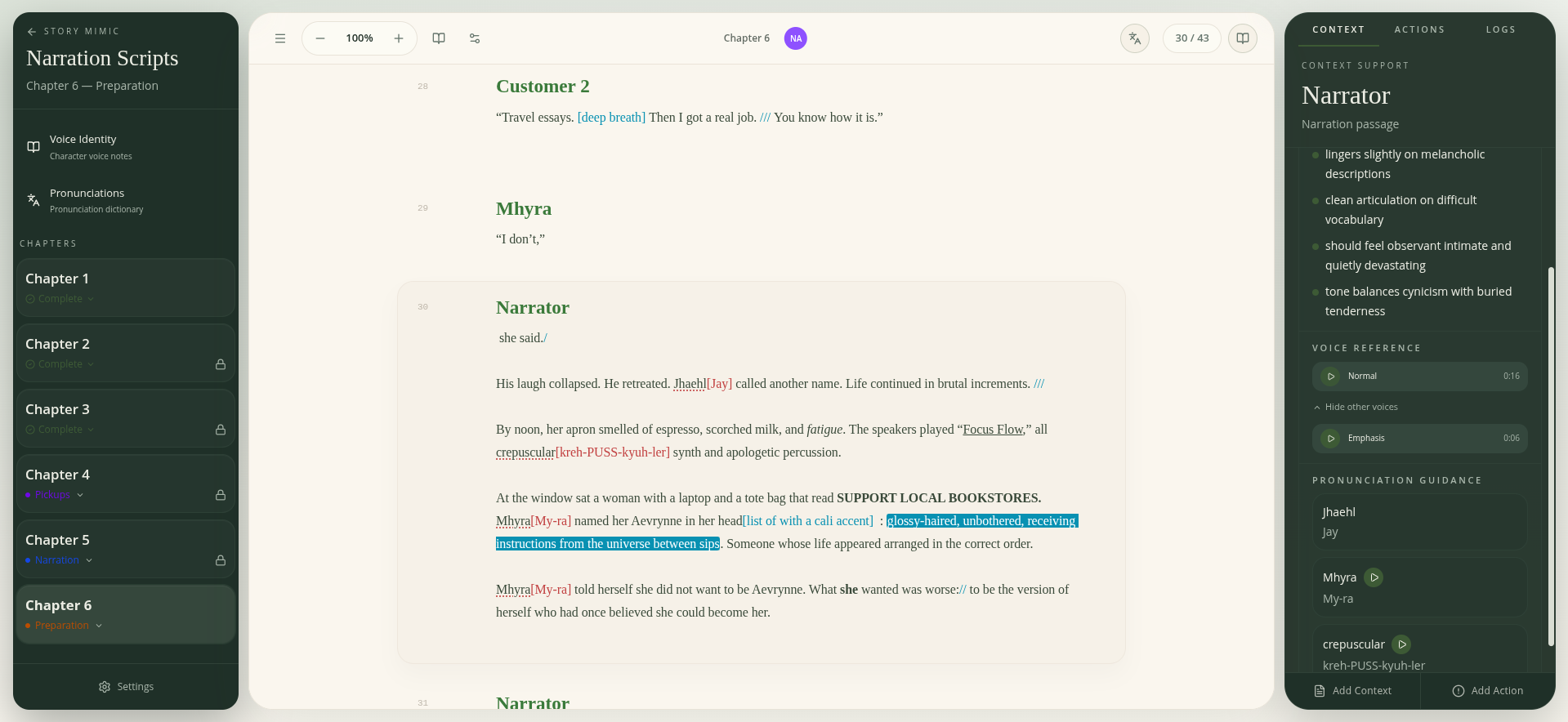Narration Script Reading View — markup, pronunciation audio, character voice references, speaker labels, and section notes in one focused script.