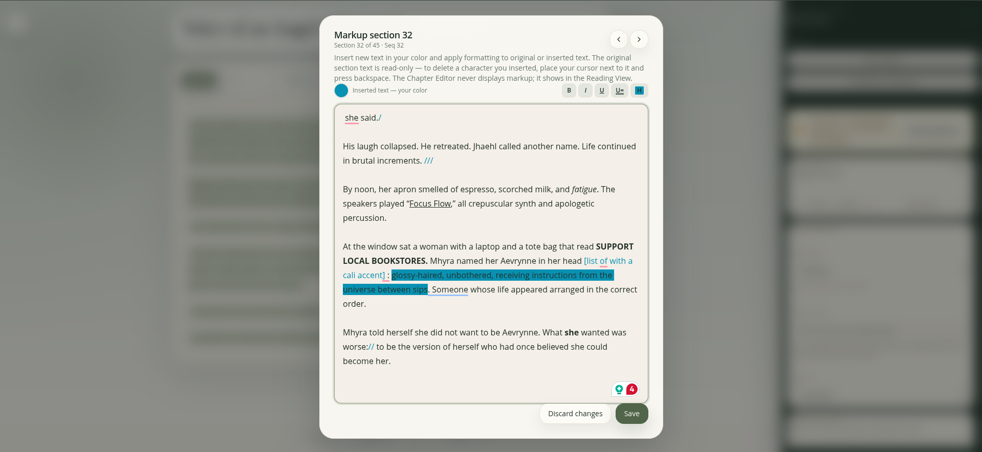 Marked-up audiobook section showing highlights, bold/emphasis, colored annotations, and inline notes attached to the script.