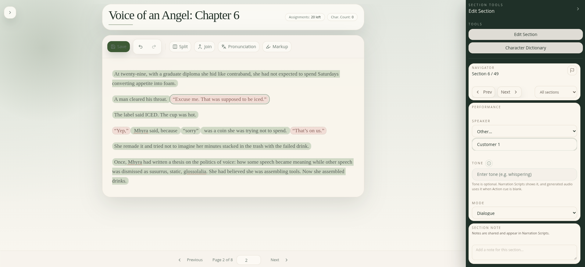 Chapter Editor section prep showing script markup, speaker assignment, section notes, and voice references together.