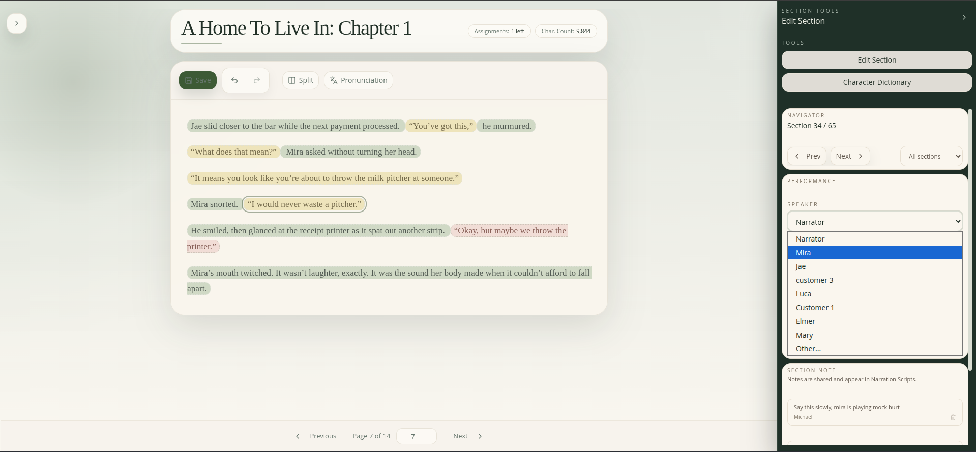 Mark speakers, capture cues, and add notes directly in the script. No more switching between tools or doing scattered rereads.