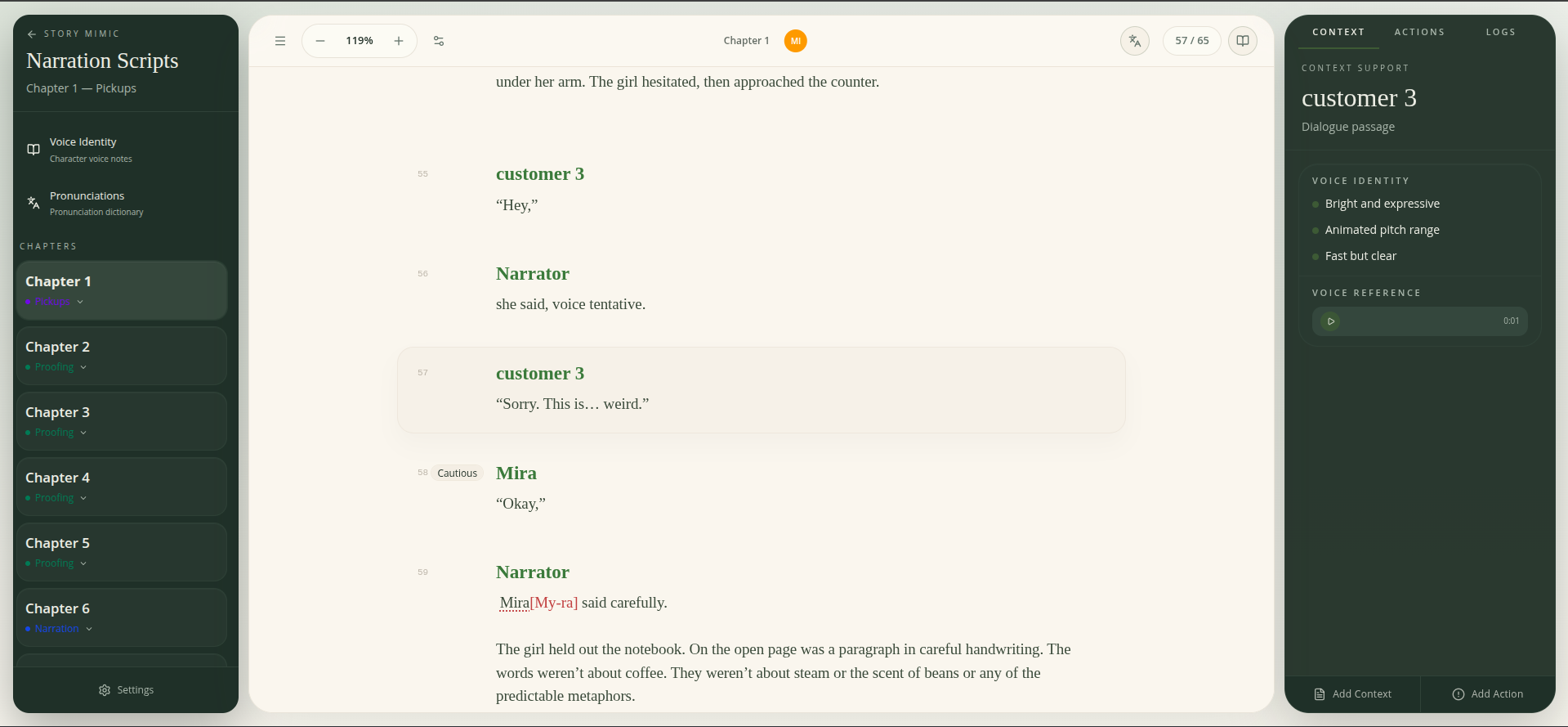 Every line knows who is speaking. No more re-reading dialogue to figure out whose voice you need.