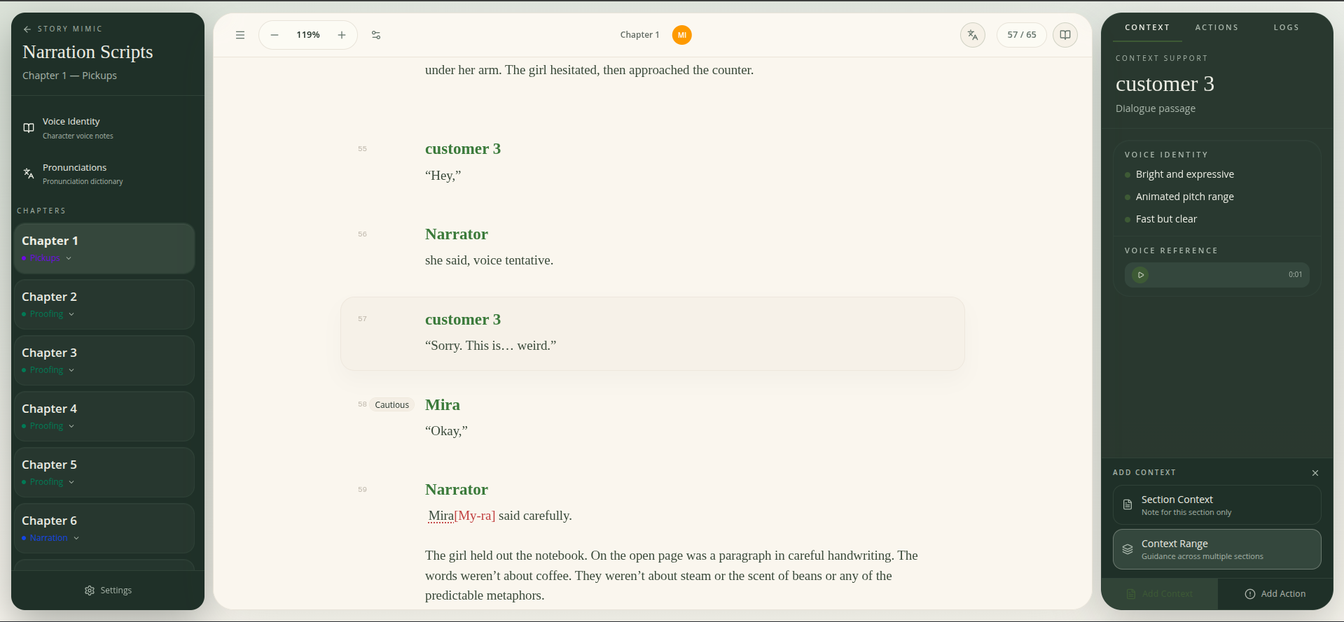 Save a favorite audio reference for any character and play it back in one click. Hear the voice you chose before jumping into dialogue.