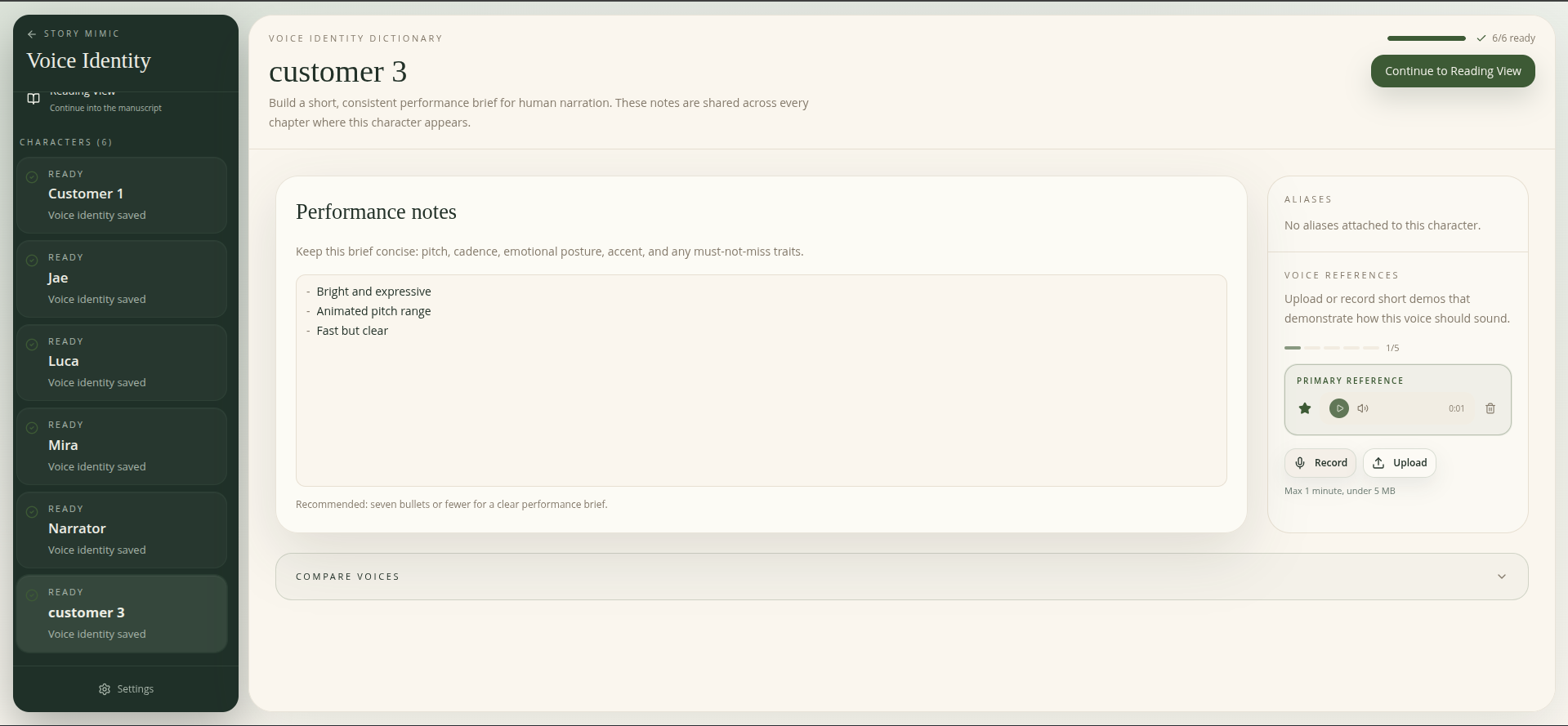 Create a voice profile for each character with notes on tone, accent, and energy. Quickly remind yourself how a voice should sound before any scene.