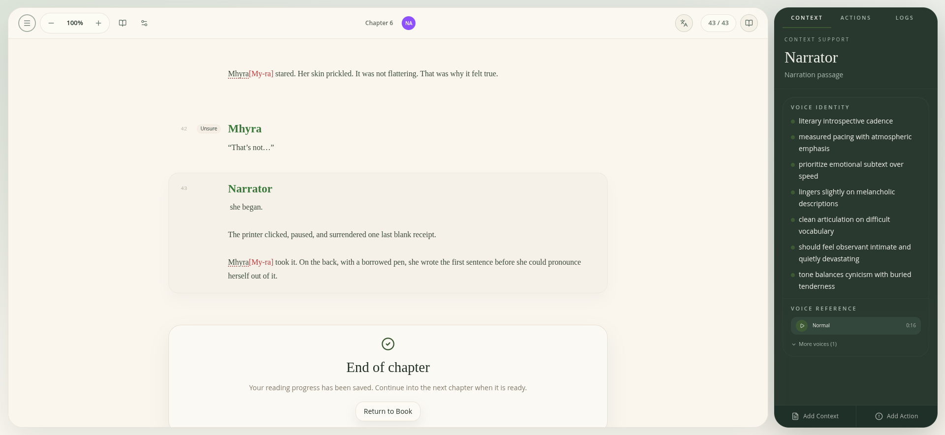 Close-up of the Narration Script view showing pronunciation audio, speaker, and a note on a single chunk of script.