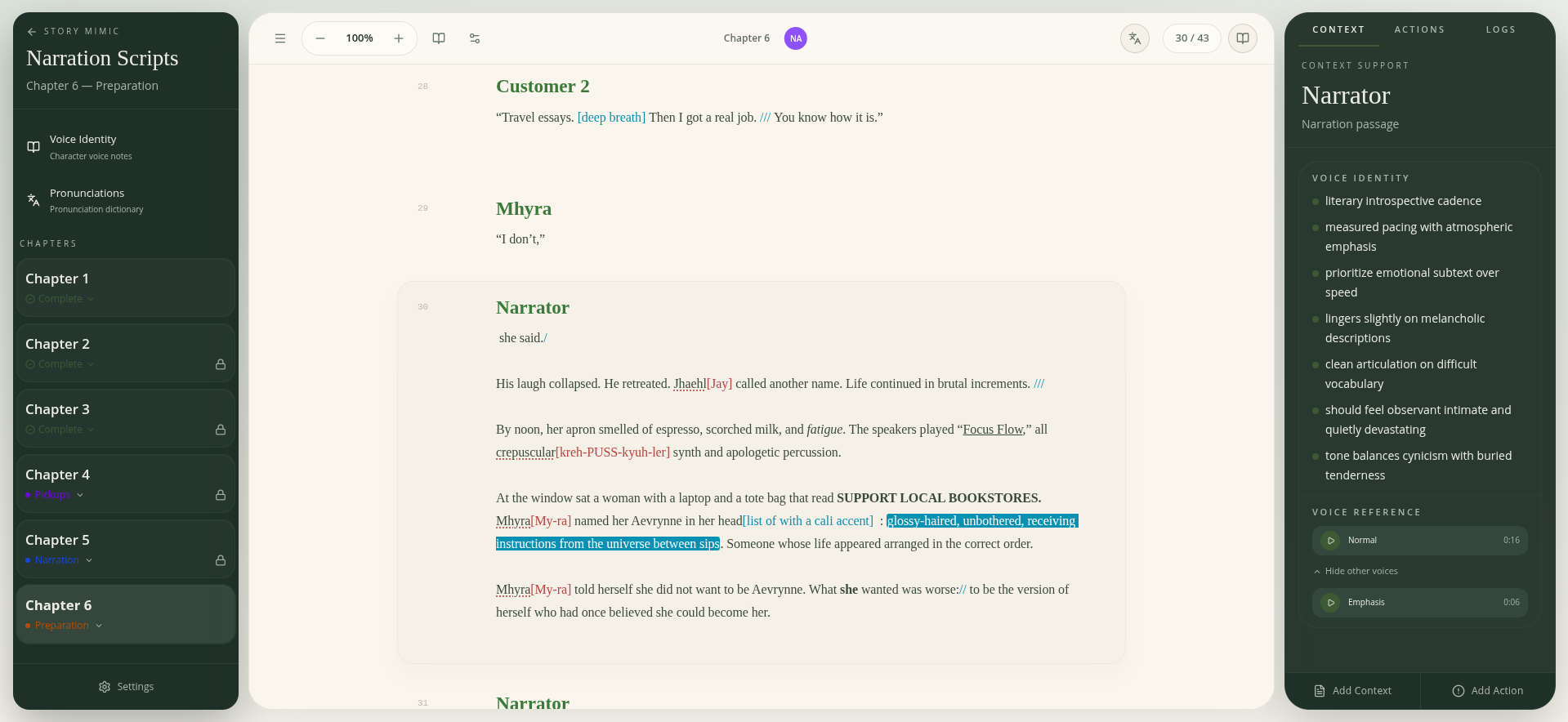 Focused Narration Script view with markup, pronunciation audio, voice references, speakers, and notes already in place.